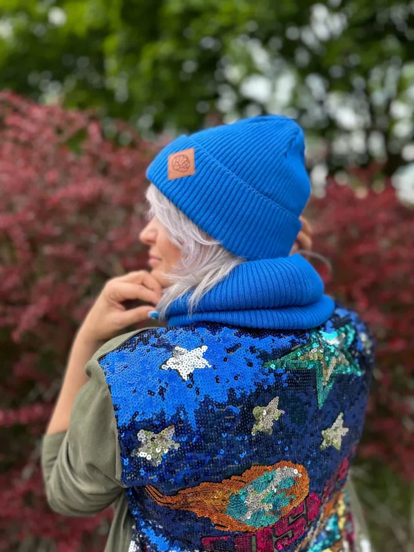Bawełniana czapka beanie logo ekoskórka "Niebieski Kobalt"