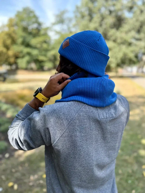 Męska bawełniana czapka beanie logo ekoskórka "Niebieski Kobalt"