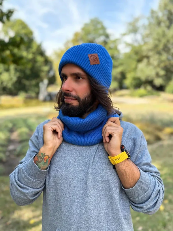 Męska bawełniana czapka beanie logo ekoskórka "Niebieski Kobalt"