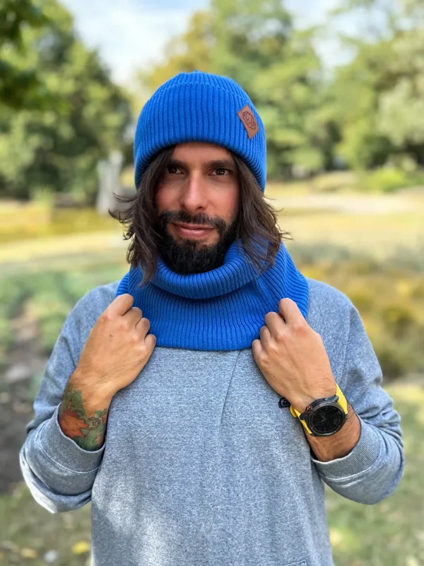 Męska bawełniana czapka beanie logo ekoskórka "Niebieski Kobalt"