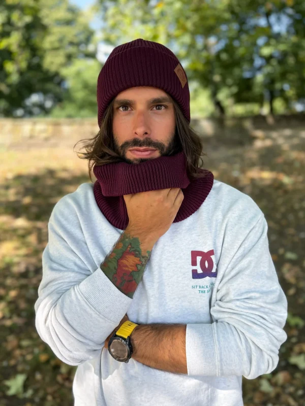 Męska bawełniana czapka beanie logo ekoskórka "Bordo"
