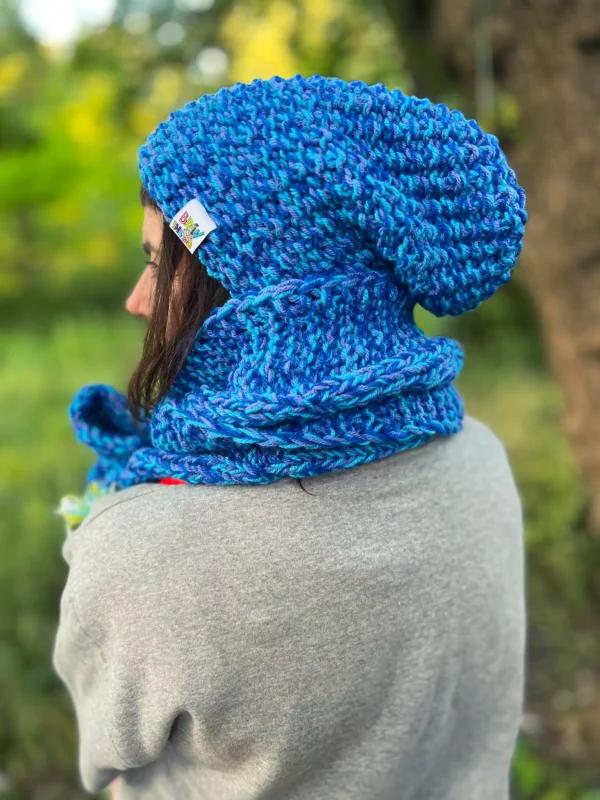 Luźna czapka MERINO 100% "Niebieskości" NEVERLAND + podszewka BAWEŁNA
