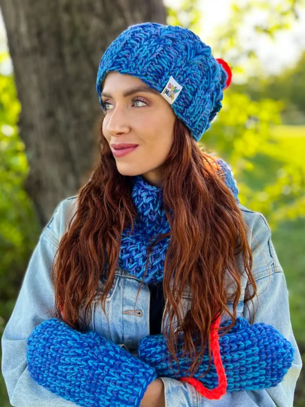 Czapka MERINO 100% ,,Niebieskości" SMILE + podszewka BAWEŁNA
