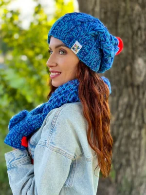 Czapka MERINO 100% ,,Niebieskości" SMILE + podszewka BAWEŁNA
